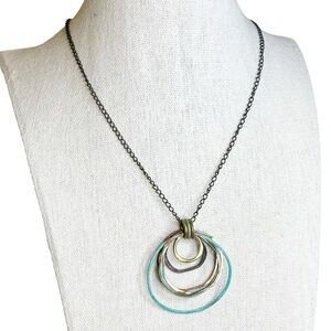 Vintage Modernist Brutalist Layered Ring Multi Metal Pendant Necklace